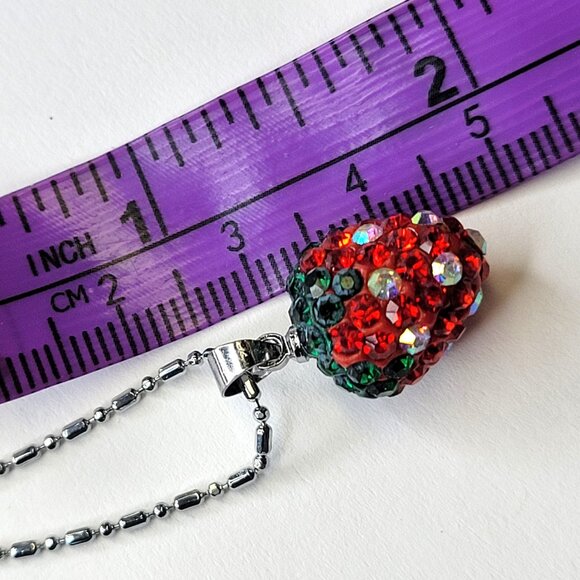 Red & Dark Green Strawberry Pendant with Swaroski elements On18K Silver Necklace - Picture 5 of 13